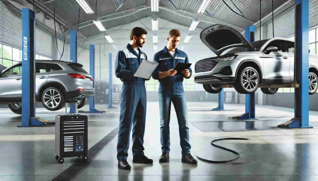 Professional mechanic using a diagnostic tablet to check a car while discussing the issue with the car owner holding a service manual.